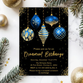 Blue and Gold Ornament Exchange Party Kaart