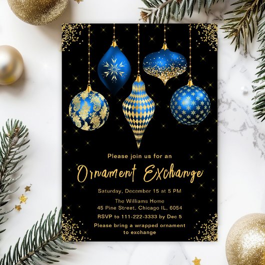 Blue and Gold Ornament Exchange Party Kaart