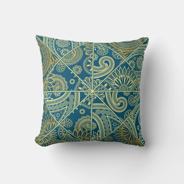 Blue and Gold Paisley Kaleidoscope Pillow Kussen (Voorkant)