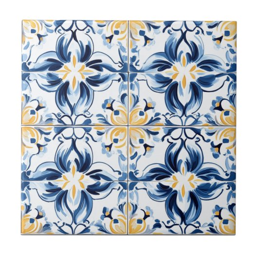 Blue and Gold Pattern Ceramic Tile Tegeltje (Voorkant)