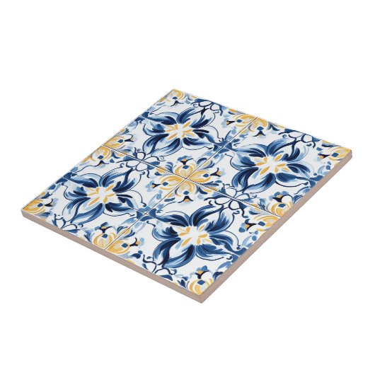 Blue and Gold Pattern Ceramic Tile Tegeltje (Zijkant)