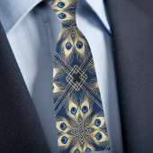 Blue and Gold Peacock Feathers Geometric Pattern Stropdas
