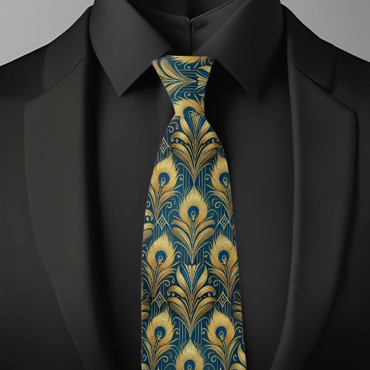 Blue and Gold Peacock Feathers Stropdas