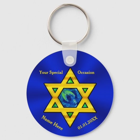 Blue and Gold Personalized Bar Mitzvah Favors Sleutelhanger (Voorkant)