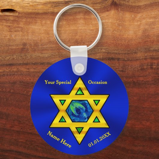 Blue and Gold Personalized Bar Mitzvah Favors Sleutelhanger (Voorkant)