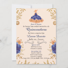 Blue and Gold Quinceañera Invitation Gold Flowers Kaart