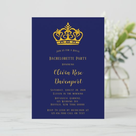 Blue and Gold Royal Crown Bachelorette Party Kaart (Staand voorkant)