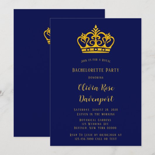 Blue and Gold Royal Crown Bachelorette Party Kaart (Voorkant / Achterkant)