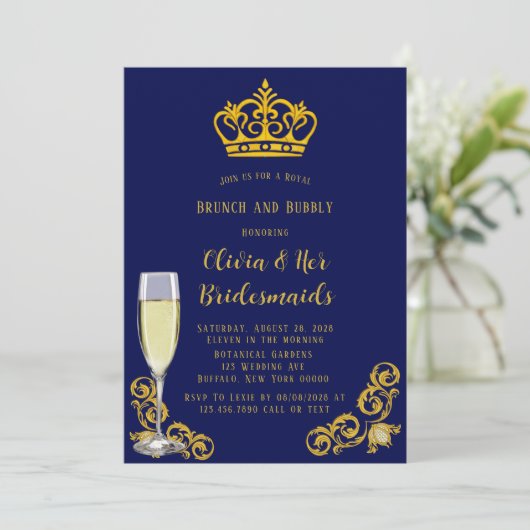 Blue and Gold Royal Crown Brunch en Bubble Kaart (Staand voorkant)