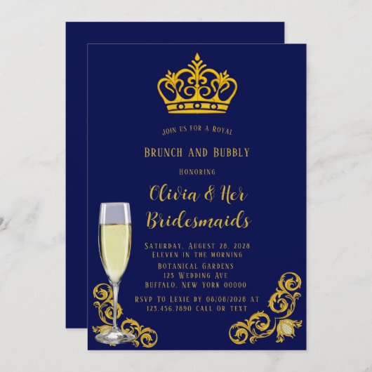 Blue and Gold Royal Crown Brunch en Bubble Kaart (Voorkant / Achterkant)