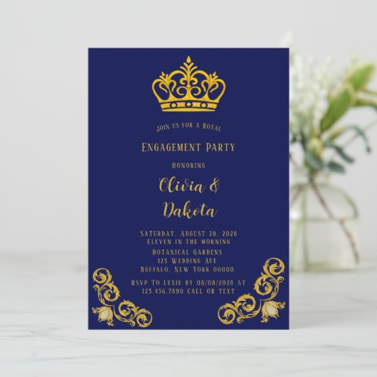 Blue and Gold Royal Wedding Engagement Party uitno Kaart (Staand voorkant)