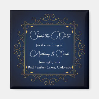 Blue and gold "save the date" magnet