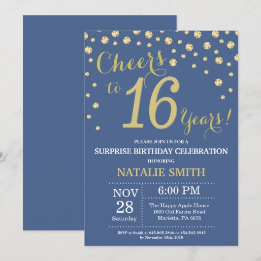 Blue and Gold Surprise 16th Birthday Diamond Kaart (Voorkant / Achterkant)