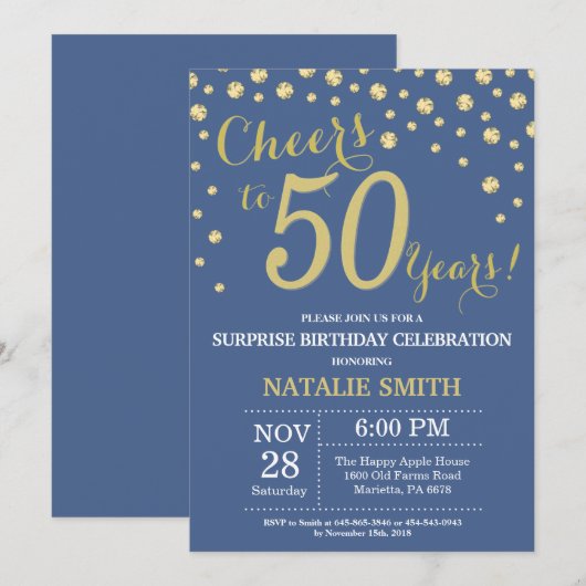 Blue and Gold Surprise 50th Birthday Diamond Kaart (Voorkant / Achterkant)