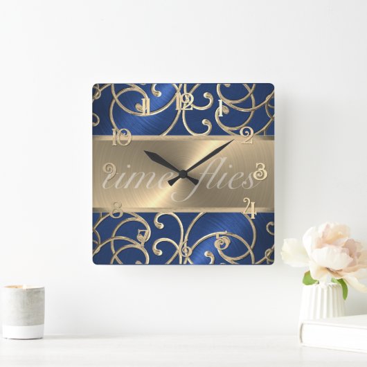 Blue and Gold Time Flies Clock Vierkante Klok (Huis)