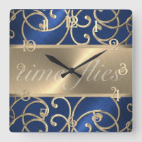 Blue and Gold Time Flies Clock
