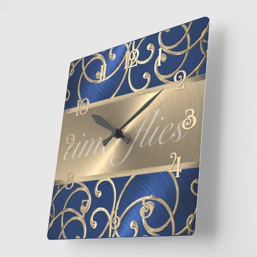 Blue and Gold Time Flies Clock Vierkante Klok (Hoek)