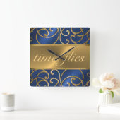 Blue and Gold Time Flies Clock Vierkante Klok (Huis)