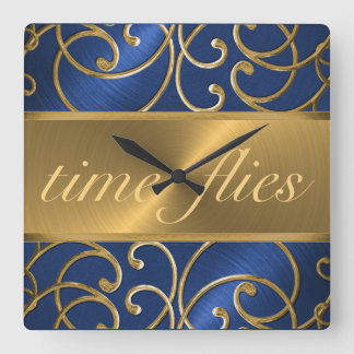 Blue and Gold Time Flies Clock Vierkante Klok