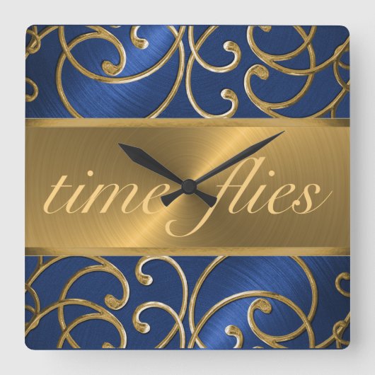 Blue and Gold Time Flies Clock Vierkante Klok (Voorkant)