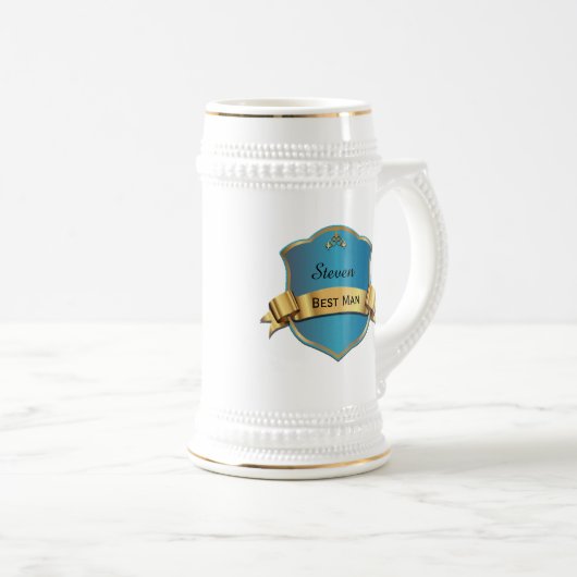 Blue and Gold Tone Plaque Best Man Wedding Stein Bierpul (Voorkant rechts)