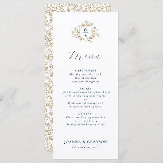 Blue and Gold Vintage Botanical Wedding Menu (Voorkant / Achterkant)