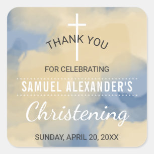 Blue and Gold Waterverf Boy Christening Hartelijk Vierkante Sticker