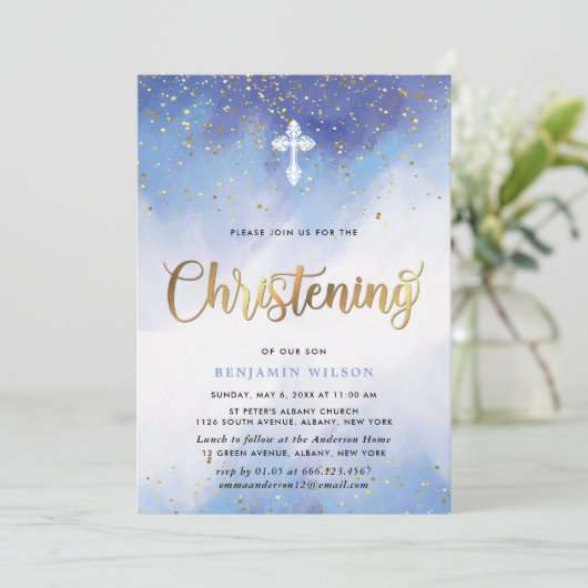 Blue and Gold Waterverf Boy Christening Kaart (Staand voorkant)