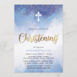 Blue and Gold Waterverf Boy Christening Kaart