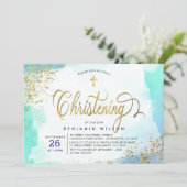 Blue and Gold Waterverf Boy Christening Kaart (Staand voorkant)