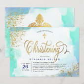 Blue and Gold Waterverf Boy Christening Kaart (Voorkant / Achterkant)