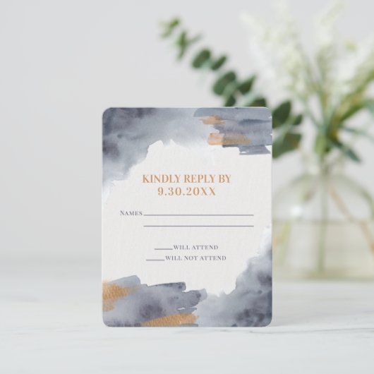 Blue and Gold Waterverf Swash Wedding RSVP-kaart RSVP Kaartje (Staand voorkant)