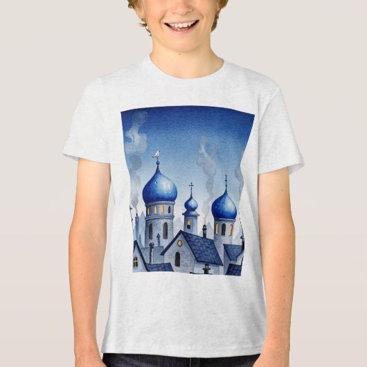 Blue and gray cityscape Tri-Blend Shirt (Voorkant)
