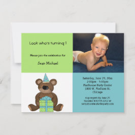 Blue and Green Birthday Teddy Bear Invitation Kaart