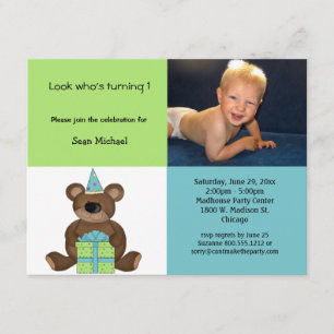 Blue and Green Birthday Teddy Bear Invitation Kaart
