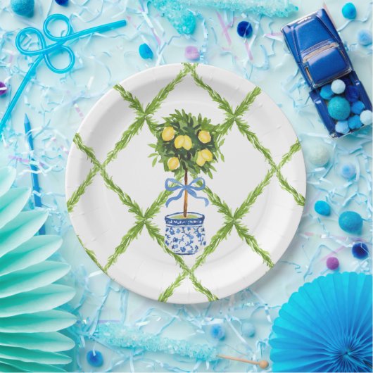 Blue and Green Chinoiserie Topiary Lemon Plates Papieren Bordje (Feest)