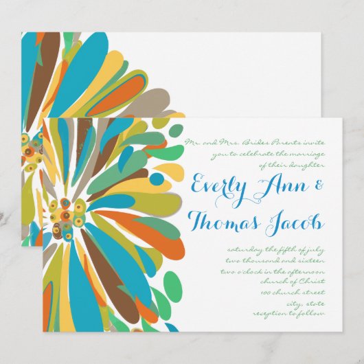 Blue and Green Chrysanthemum Wedding Invitation Kaart (Voorkant / Achterkant)