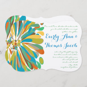 Blue and Green Chrysanthemum Wedding Invitation Kaart