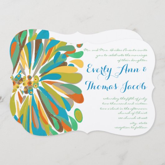 Blue and Green Chrysanthemum Wedding Invitation Kaart (Voorkant / Achterkant)