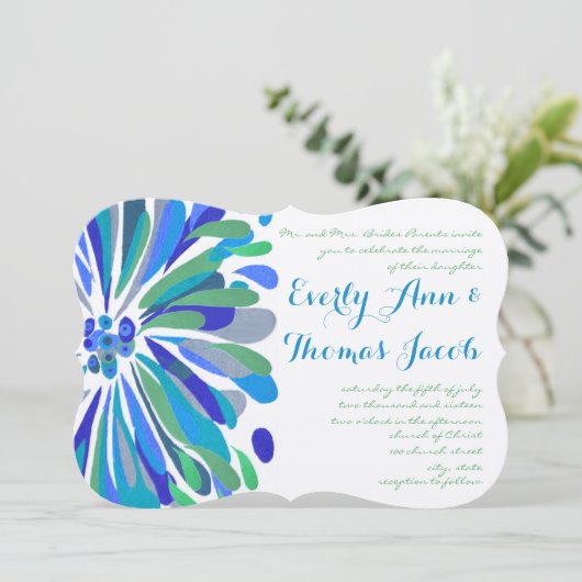 Blue and Green Chrysanthemum Wedding Invitation Kaart (Staand voorkant)