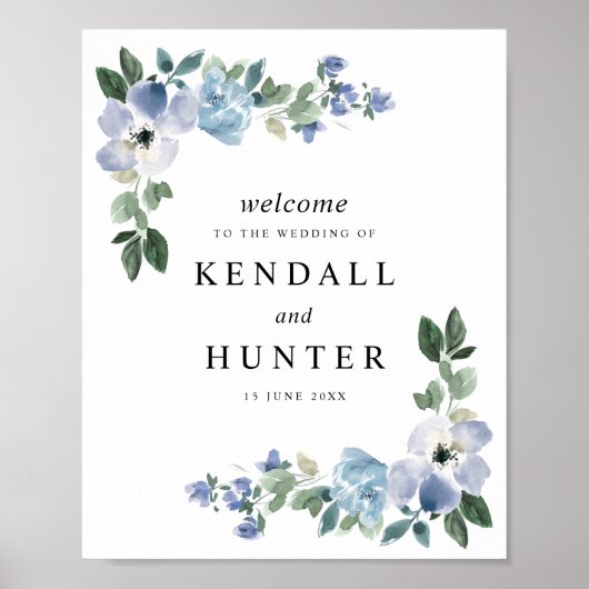 Blue and green floral wedding sign poster (Voorkant)