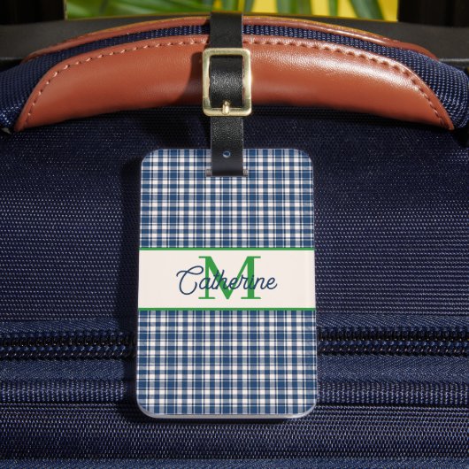 Blue and Green Gingham Plaid Tartan Monogram Bagagelabel (Voorkant Insitu 2)