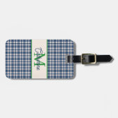Blue and Green Gingham Plaid Tartan Monogram Bagagelabel (Voorkant horizontaal)