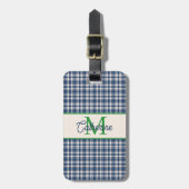 Blue and Green Gingham Plaid Tartan Monogram Bagagelabel (Voorkant verticaal)