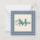 Blue and Green Gingham Plaid Tartan Monogram Notitiekaartje (Voorkant)