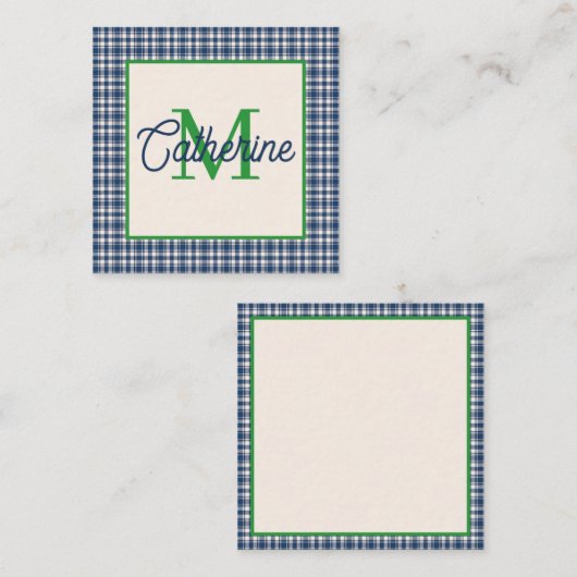 Blue and Green Gingham Plaid Tartan Monogram Notitiekaartje (Voorkant / Achterkant)