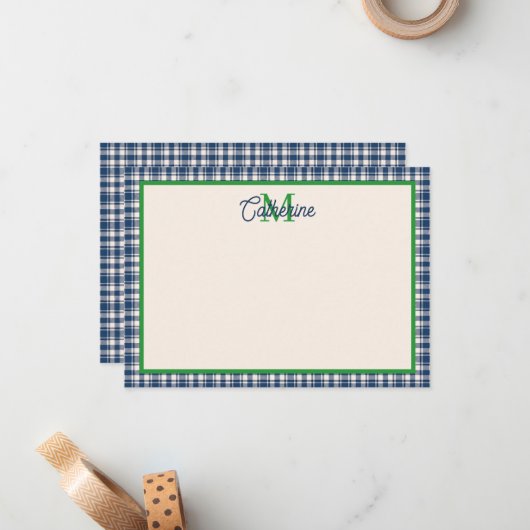 Blue and Green Gingham Plaid Tartan Monogram Notitiekaartje (Voorkant / Achterkant in situ)