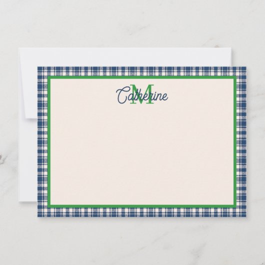 Blue and Green Gingham Plaid Tartan Monogram Notitiekaartje (Voorkant)
