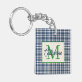 Blue and Green Gingham Plaid Tartan Monogram Sleutelhanger (Voorkant Links)