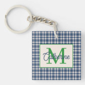 Blue and Green Gingham Plaid Tartan Monogram Sleutelhanger (Voorkant)